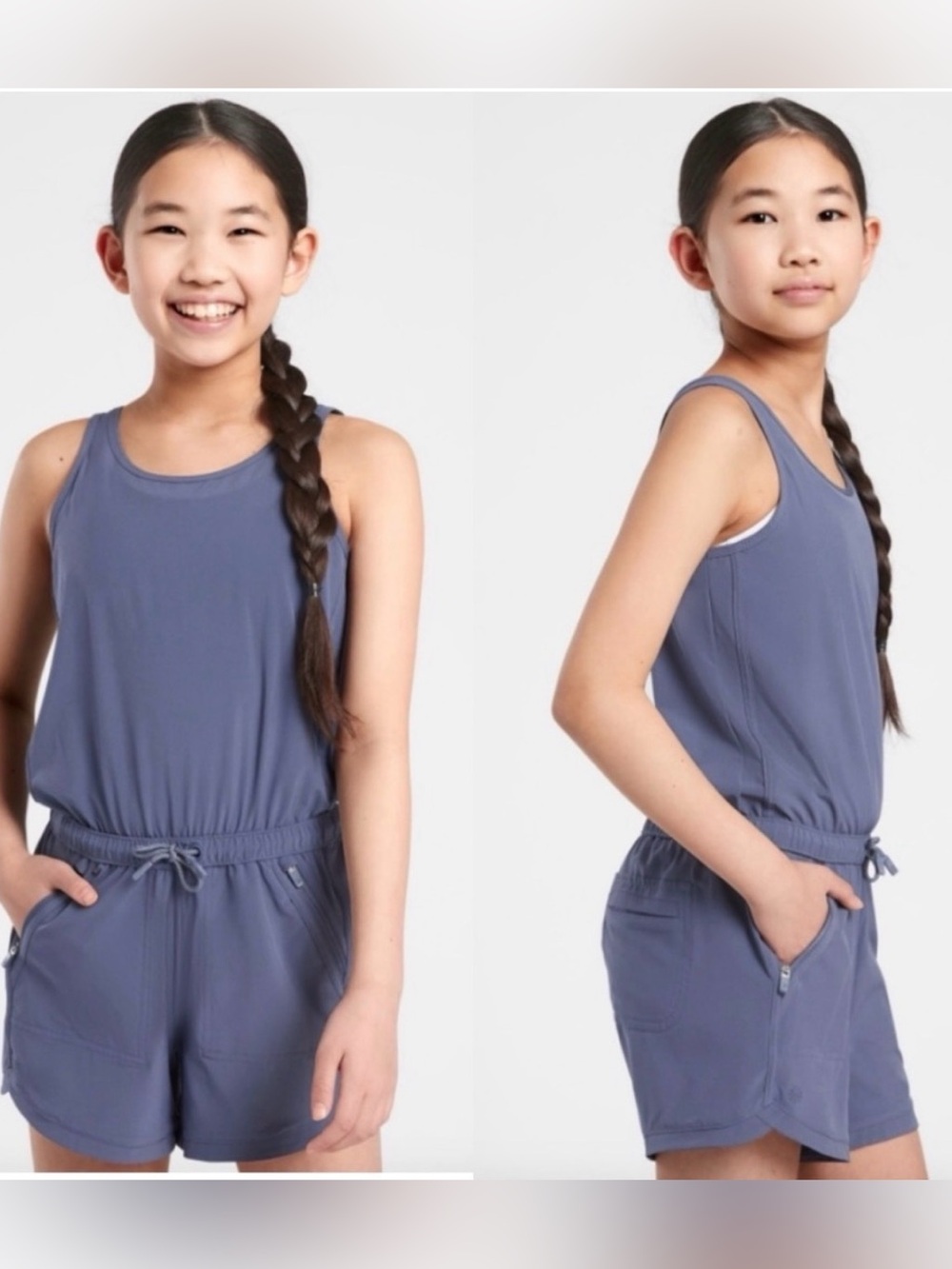 Athleta Girl On The Go Romper Dusty Blue Athleisure Shorts Size 12 L